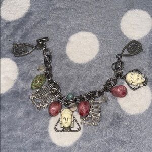 Artistic Silver Bracelet with Red and Cream Charms